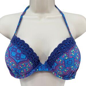 Aerie Nina Bikini Swim Top Womens Blue Multicolor Crochet Trim Underwired Sz 36B
